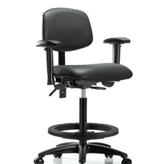 Vinyl Chair - High Bench Height with Adjustable Arms, Black Foot Ring, & Casters in Carbon Supernova Vinyl - VHBCH-RG-T0-A1-BF-RC-8823