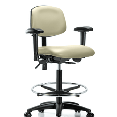 Vinyl Chair - High Bench Height with Adjustable Arms, Chrome Foot Ring, & Casters in Adobe White Trailblazer Vinyl - VHBCH-RG-T0-A1-CF-RC-8501