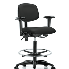 Vinyl Chair - High Bench Height with Adjustable Arms, Chrome Foot Ring, & Casters in Black Trailblazer Vinyl - VHBCH-RG-T0-A1-CF-RC-8540