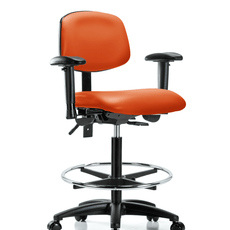 Vinyl Chair - High Bench Height with Adjustable Arms, Chrome Foot Ring, & Casters in Orange Kist Trailblazer Vinyl - VHBCH-RG-T0-A1-CF-RC-8613