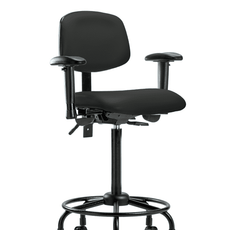 Vinyl Chair - High Bench Height with Round Tube Base, Adjustable Arms, & Casters in Black Trailblazer Vinyl - VHBCH-RT-T0-A1-RC-8540