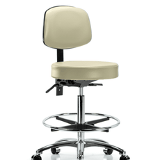 Vinyl Stool with Back Chrome - High Bench Height with Chrome Foot Ring & Casters in Adobe White Trailblazer Vinyl - VHBST-CR-T0-CF-CC-8501