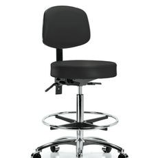 Vinyl Stool with Back Chrome - High Bench Height with Chrome Foot Ring & Casters in Black Trailblazer Vinyl - VHBST-CR-T0-CF-CC-8540