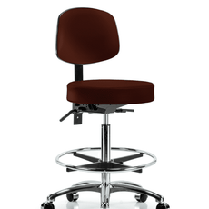Vinyl Stool with Back Chrome - High Bench Height with Chrome Foot Ring & Casters in Burgundy Trailblazer Vinyl - VHBST-CR-T0-CF-CC-8569