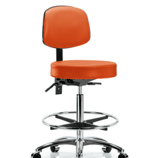 Vinyl Stool with Back Chrome - High Bench Height with Chrome Foot Ring & Casters in Orange Kist Trailblazer Vinyl - VHBST-CR-T0-CF-CC-8613
