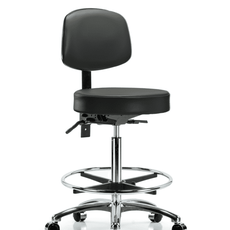 Vinyl Stool with Back Chrome - High Bench Height with Chrome Foot Ring & Casters in Carbon Supernova Vinyl - VHBST-CR-T0-CF-CC-8823