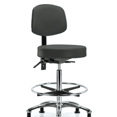 Vinyl Stool with Back Chrome - High Bench Height with Chrome Foot Ring & Stationary Glides in Charcoal Trailblazer Vinyl - VHBST-CR-T0-CF-RG-8605