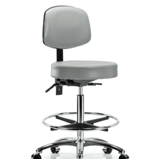 Vinyl Stool with Back Chrome - High Bench Height with Seat Tilt, Chrome Foot Ring, & Casters in Dove Trailblazer Vinyl - VHBST-CR-T1-CF-CC-8567