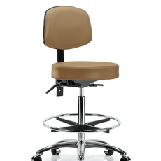 Vinyl Stool with Back Chrome - High Bench Height with Seat Tilt, Chrome Foot Ring, & Casters in Taupe Trailblazer Vinyl - VHBST-CR-T1-CF-CC-8584