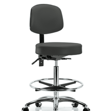 Vinyl Stool with Back Chrome - High Bench Height with Seat Tilt, Chrome Foot Ring, & Casters in Charcoal Trailblazer Vinyl - VHBST-CR-T1-CF-CC-8605