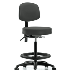 Vinyl Stool with Back - High Bench Height with Black Foot Ring & Casters in Charcoal Trailblazer Vinyl - VHBST-RG-T0-BF-RC-8605