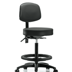 Vinyl Stool with Back - High Bench Height with Black Foot Ring & Casters in Carbon Supernova Vinyl - VHBST-RG-T0-BF-RC-8823