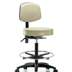 Vinyl Stool with Back - High Bench Height with Chrome Foot Ring & Casters in Adobe White Trailblazer Vinyl - VHBST-RG-T0-CF-RC-8501