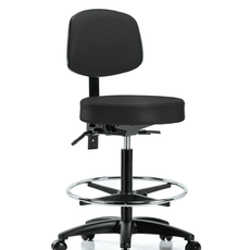 Vinyl Stool with Back - High Bench Height with Chrome Foot Ring & Casters in Black Trailblazer Vinyl - VHBST-RG-T0-CF-RC-8540
