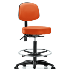 Vinyl Stool with Back - High Bench Height with Chrome Foot Ring & Casters in Orange Kist Trailblazer Vinyl - VHBST-RG-T0-CF-RC-8613