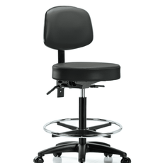 Vinyl Stool with Back - High Bench Height with Chrome Foot Ring & Casters in Carbon Supernova Vinyl - VHBST-RG-T0-CF-RC-8823