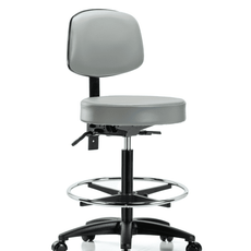 Vinyl Stool with Back - High Bench Height with Seat Tilt, Chrome Foot Ring, & Casters in Dove Trailblazer Vinyl - VHBST-RG-T1-CF-RC-8567