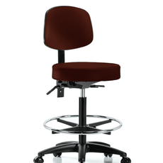 Vinyl Stool with Back - High Bench Height with Seat Tilt, Chrome Foot Ring, & Casters in Burgundy Trailblazer Vinyl - VHBST-RG-T1-CF-RC-8569