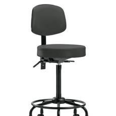 Vinyl Stool with Back - High Bench Height with Round Tube Base & Casters in Charcoal Trailblazer Vinyl - VHBST-RT-T0-RC-8605