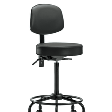 Vinyl Stool with Back - High Bench Height with Round Tube Base & Casters in Carbon Supernova Vinyl - VHBST-RT-T0-RC-8823