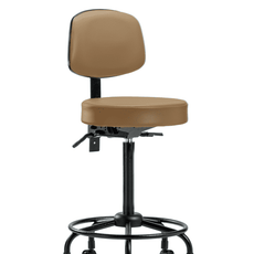 Vinyl Stool with Back - High Bench Height with Round Tube Base, Seat Tilt, & Casters in Taupe Trailblazer Vinyl - VHBST-RT-T1-RC-8584