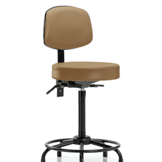 Vinyl Stool with Back - High Bench Height with Round Tube Base, Seat Tilt, & Stationary Glides in Taupe Trailblazer Vinyl - VHBST-RT-T1-RG-8584