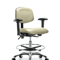 Vinyl Chair Chrome - Medium Bench Height with Adjustable Arms, Chrome Foot Ring, & Casters in Adobe White Trailblazer Vinyl - VMBCH-CR-T0-A1-CF-CC-8501
