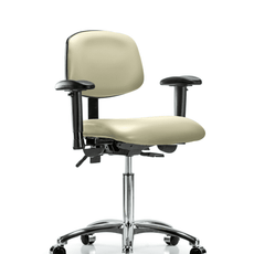 Vinyl Chair Chrome - Medium Bench Height with Adjustable Arms & Casters in Adobe White Trailblazer Vinyl - VMBCH-CR-T0-A1-NF-CC-8501