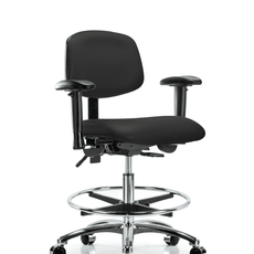 Vinyl Chair Chrome - Medium Bench Height with Seat Tilt, Adjustable Arms, Chrome Foot Ring, & Casters in Black Trailblazer Vinyl - VMBCH-CR-T1-A1-CF-CC-8540