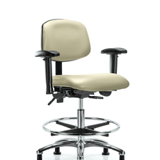 Vinyl Chair Chrome - Medium Bench Height with Seat Tilt, Adjustable Arms, Chrome Foot Ring, & Casters in Adobe White Trailblazer Vinyl - VMBCH-CR-T1-A1-CF-RG-8501