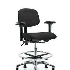 Vinyl Chair Chrome - Medium Bench Height with Seat Tilt, Adjustable Arms, Chrome Foot Ring, & Casters in Black Trailblazer Vinyl - VMBCH-CR-T1-A1-CF-RG-8540
