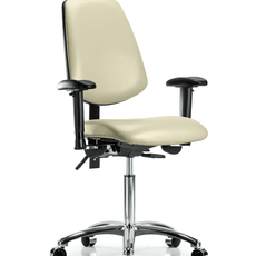 Vinyl Chair Chrome - Medium Bench Height with Medium Back, Adjustable Arms, & Casters in Adobe White Trailblazer Vinyl - VMBCH-MB-CR-T0-A1-NF-CC-8501