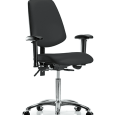Vinyl Chair Chrome - Medium Bench Height with Medium Back, Adjustable Arms, & Casters in Black Trailblazer Vinyl - VMBCH-MB-CR-T0-A1-NF-CC-8540