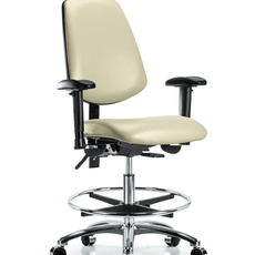 Vinyl Chair Chrome - Medium Bench Height with Medium Back, Seat Tilt, Adjustable Arms, Chrome Foot Ring, & Casters in Adobe White Trailblazer Vinyl - VMBCH-MB-CR-T1-A1-CF-CC-8501