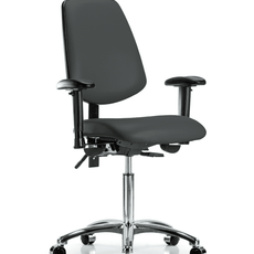 Vinyl Chair Chrome - Medium Bench Height with Medium Back, Seat Tilt, Adjustable Arms, & Casters in Charcoal Trailblazer Vinyl - VMBCH-MB-CR-T1-A1-NF-CC-8605