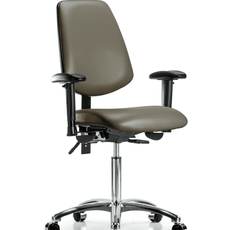 Vinyl Chair Chrome - Medium Bench Height with Medium Back, Seat Tilt, Adjustable Arms, & Casters in Taupe Supernova Vinyl - VMBCH-MB-CR-T1-A1-NF-CC-8809