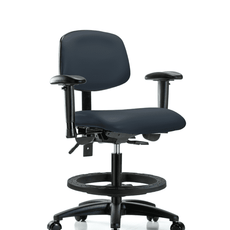 Vinyl Chair - Medium Bench Height with Seat Tilt, Adjustable Arms, Black Foot Ring, & Casters in Imperial Blue Trailblazer Vinyl - VMBCH-RG-T1-A1-BF-RC-8582