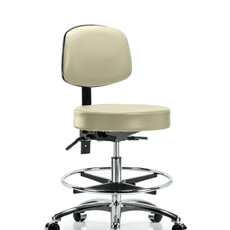 Vinyl Stool with Back Chrome - Medium Bench Height with Chrome Foot Ring & Casters in Adobe White Trailblazer Vinyl - VMBST-CR-T0-CF-CC-8501