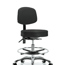 Vinyl Stool with Back Chrome - Medium Bench Height with Chrome Foot Ring & Casters in Black Trailblazer Vinyl - VMBST-CR-T0-CF-CC-8540