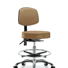 Vinyl Stool with Back Chrome - Medium Bench Height with Chrome Foot Ring & Casters in Taupe Trailblazer Vinyl - VMBST-CR-T0-CF-CC-8584