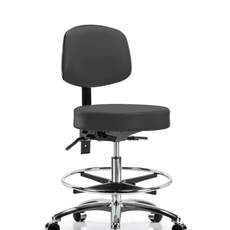 Vinyl Stool with Back Chrome - Medium Bench Height with Chrome Foot Ring & Casters in Charcoal Trailblazer Vinyl - VMBST-CR-T0-CF-CC-8605