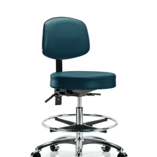 Vinyl Stool with Back Chrome - Medium Bench Height with Chrome Foot Ring & Casters in Marine Blue Supernova Vinyl - VMBST-CR-T0-CF-CC-8801