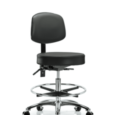Vinyl Stool with Back Chrome - Medium Bench Height with Chrome Foot Ring & Casters in Carbon Supernova Vinyl - VMBST-CR-T0-CF-CC-8823