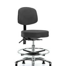 Vinyl Stool with Back Chrome - Medium Bench Height with Chrome Foot Ring & Stationary Glides in Charcoal Trailblazer Vinyl - VMBST-CR-T0-CF-RG-8605
