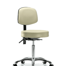 Vinyl Stool with Back Chrome - Medium Bench Height with Casters in Adobe White Trailblazer Vinyl - VMBST-CR-T0-NF-CC-8501