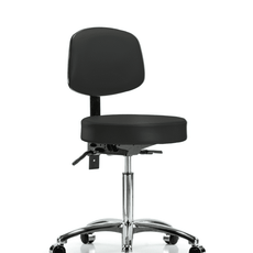 Vinyl Stool with Back Chrome - Medium Bench Height with Casters in Black Trailblazer Vinyl - VMBST-CR-T0-NF-CC-8540