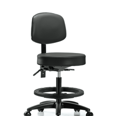 Vinyl Stool with Back - Medium Bench Height with Black Foot Ring & Casters in Carbon Supernova Vinyl - VMBST-RG-T0-BF-RC-8823