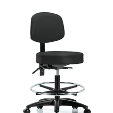 Vinyl Stool with Back - Medium Bench Height with Chrome Foot Ring & Casters in Black Trailblazer Vinyl - VMBST-RG-T0-CF-RC-8540