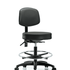Vinyl Stool with Back - Medium Bench Height with Chrome Foot Ring & Casters in Carbon Supernova Vinyl - VMBST-RG-T0-CF-RC-8823