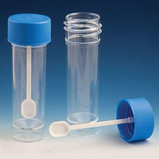 Container, Fecal, 30mL, Attached Screwcap with Spoon, PS, Conical Bottom, Self-Standing, 100/Bag, 5 Bags/Unit-109117